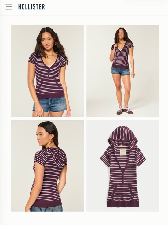 Hollister Tops - Hollister Purple and White Striped Short-Sleeve Henley Hoodie